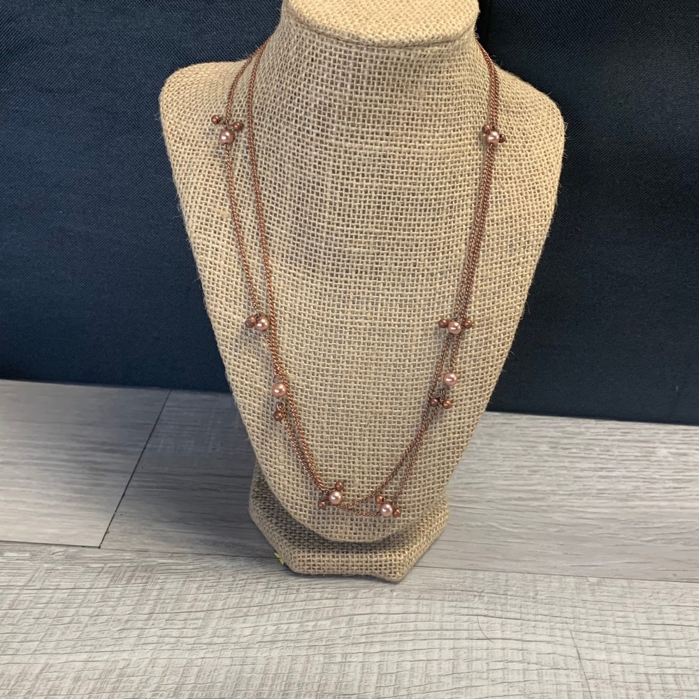 Copper Tone Strand Faux Pearl Long Chain Necklace 40 Inch